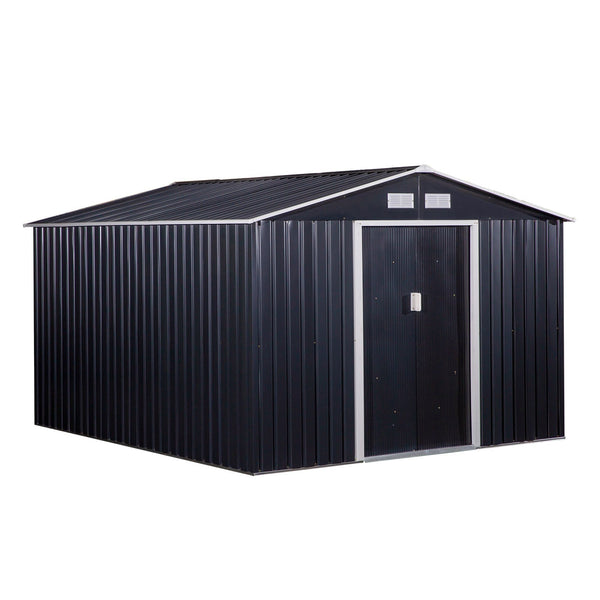 Abrigo de Jardim Exterior Abrigo de Jardim Metálico para Armazenamento de Ferramentas com Base de Reforço Incluída e 4 Janelas 277x322x192 cm Cinza Escuro