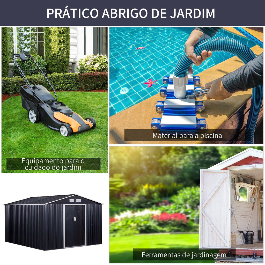 Outsunny Abrigo de Jardim Exterior Abrigo e Jardim Metálico para Armazenamento de Ferramentas com Base Incluída e 4 Janelas 277x322x192 cm Cinza Escuro - A minha loja