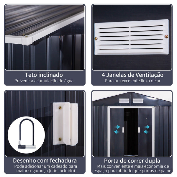 Abrigo de Jardim Exterior Abrigo de Jardim Metálico para Armazenamento de Ferramentas com Base de Reforço Incluída e 4 Janelas 277x322x192 cm Cinza Escuro