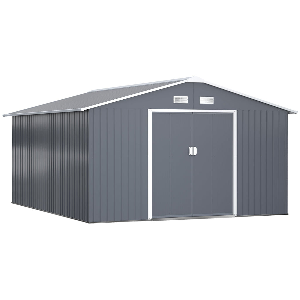 Outsunny Abrigo de Jardim Metálico 340x386x200cm Abrigo de Exterior para Armazenamento de Ferramentas com Base Incluida 4 Janelas de Ventilação e Porta Corredeira Cinza - A minha loja