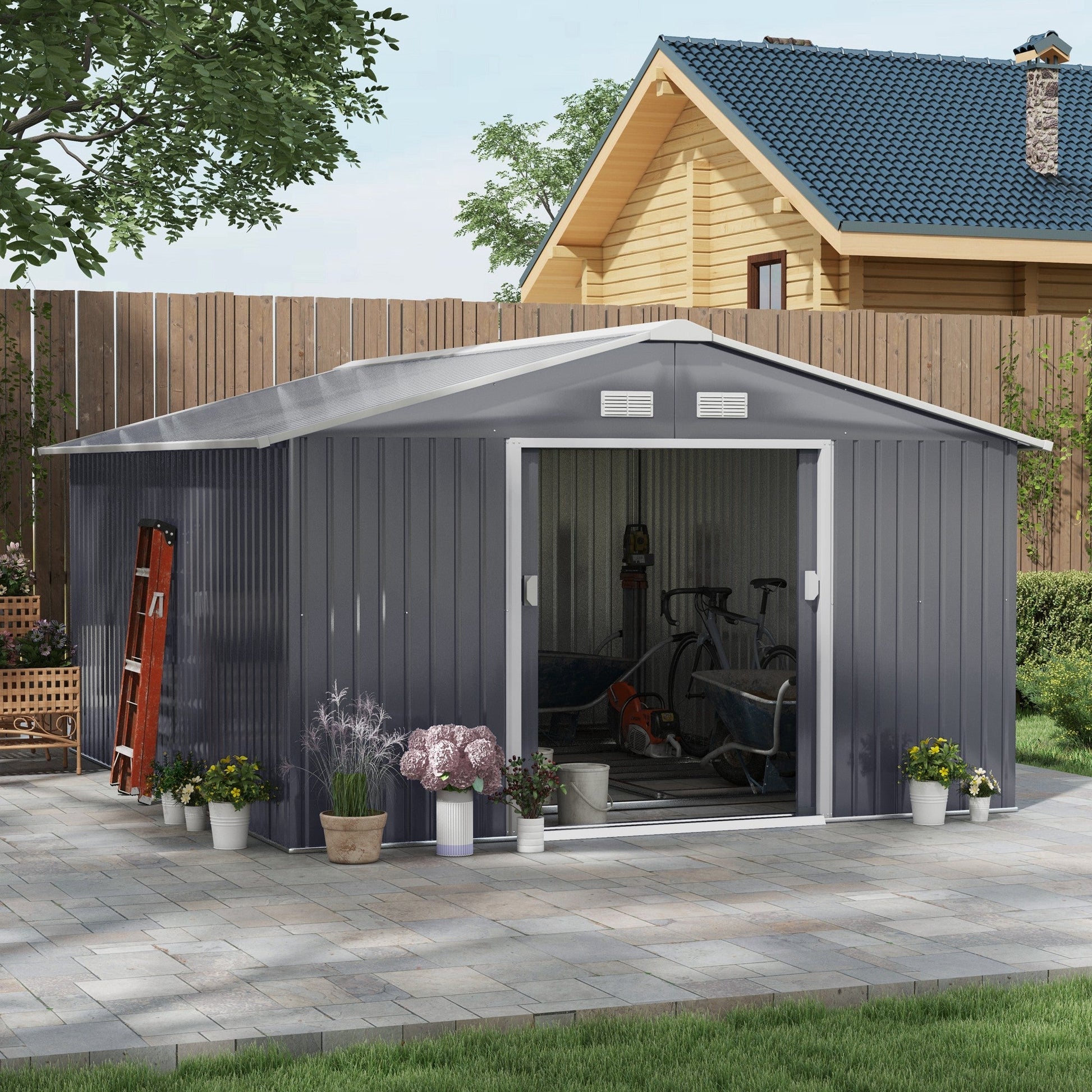 Outsunny Abrigo de Jardim Metálico 340x386x200cm Abrigo de Exterior para Armazenamento de Ferramentas com Base Incluida 4 Janelas de Ventilação e Porta Corredeira Cinza - A minha loja