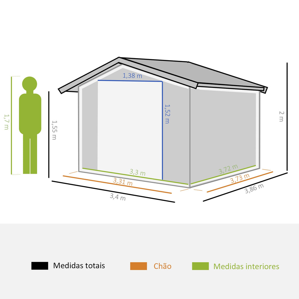 Outsunny Abrigo de Jardim Metálico 340x386x200cm Abrigo de Exterior para Armazenamento de Ferramentas com Base Incluida 4 Janelas de Ventilação e Porta Corredeira Verde - A minha loja