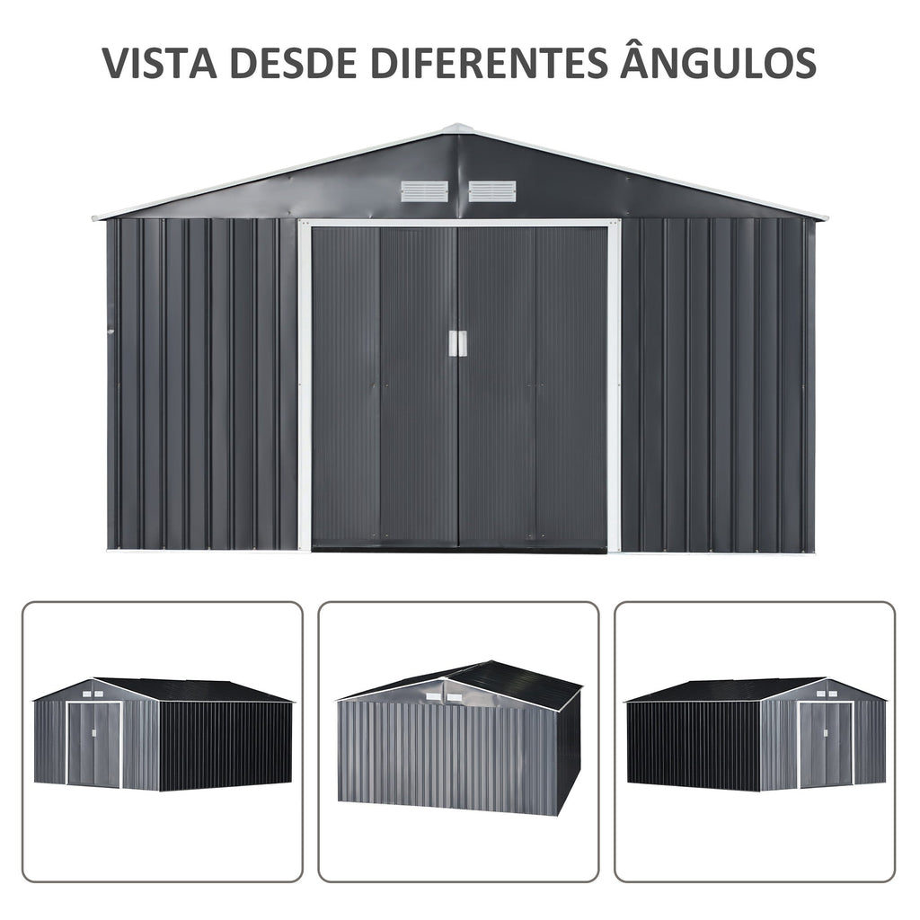 Outsunny Abrigo de Jardim Metálico 340x386x200cm Abrigo de Exterior para Armazenamento de Ferramentas com Base Incluida 4 Janelas de Ventilação e Porta Corredeira Cinza - A minha loja