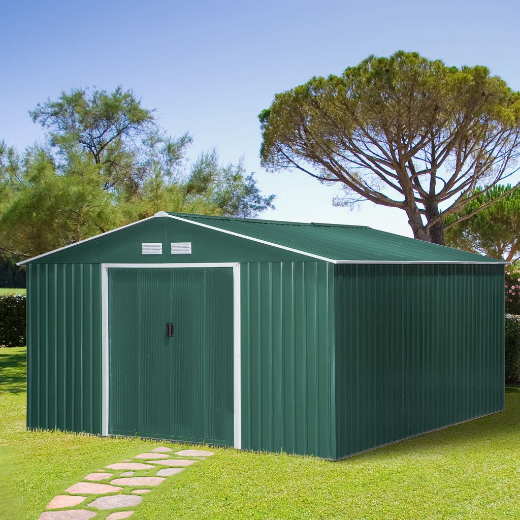 Outsunny Abrigo de Jardim Metálico 340x386x200cm Abrigo de Exterior para Armazenamento de Ferramentas com Base Incluida 4 Janelas de Ventilação e Porta Corredeira Verde - A minha loja