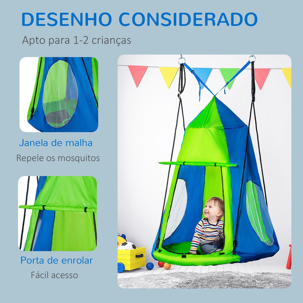 Outsunny Baloiço com Tenda Infantil Baloiço Ninho com Porta Enrolável e 2 Janelas de Malha para Crianças e Adultos Carga Máxima 200kg Interior e Exterior Ø100x180 cm Verde e Azul - A minha loja
