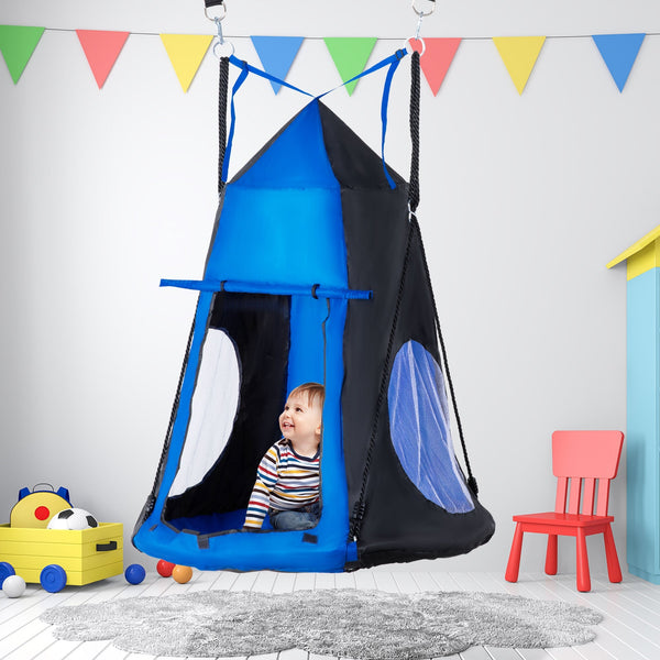 Outsunny Baloiço com Tenda Infantil Baloiço Ninho com Porta Enrolável e 2 Janelas de Malha para Crianças e Adultos Carga Máxima 200kg Interior e Exterior Ø100x180 cm Preto e Azul
