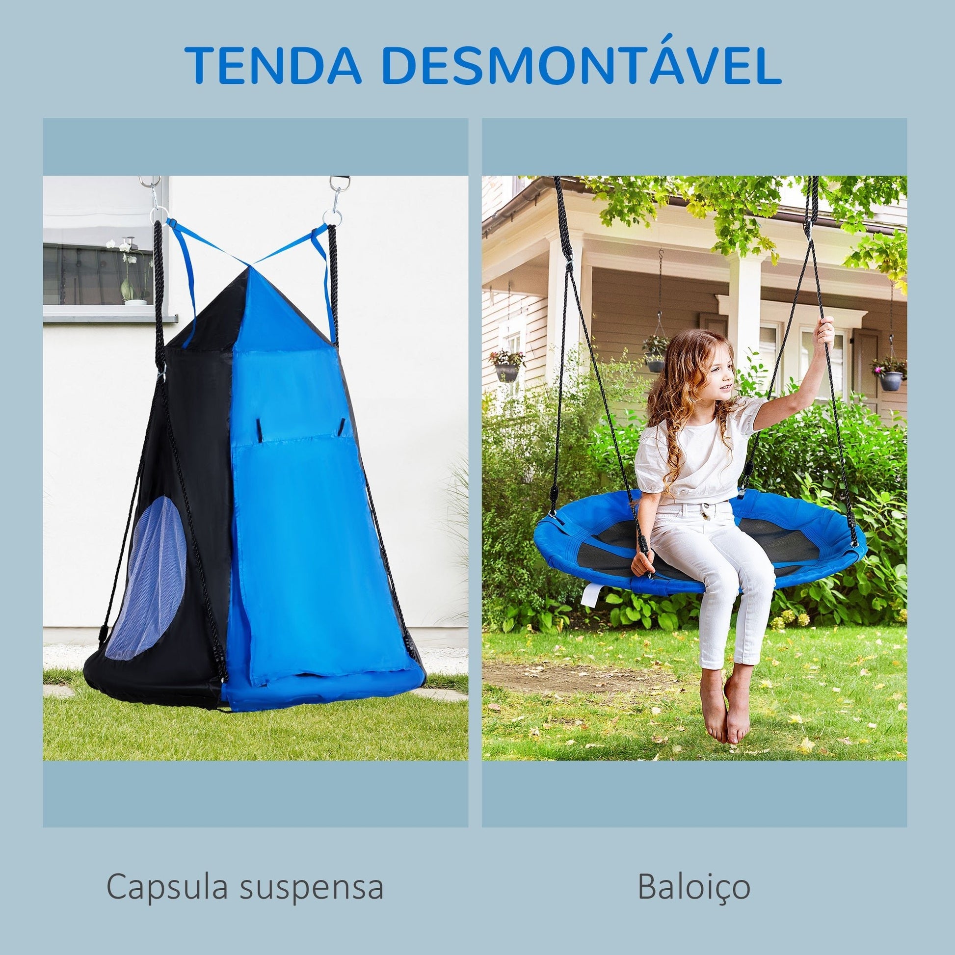 Outsunny Baloiço com Tenda Infantil Baloiço Ninho com Porta Enrolável e 2 Janelas de Malha para Crianças e Adultos Carga Máxima 200kg Interior e Exterior Ø100x180 cm Preto e Azul - A minha loja