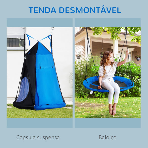 Outsunny Baloiço com Tenda Infantil Baloiço Ninho com Porta Enrolável e 2 Janelas de Malha para Crianças e Adultos Carga Máxima 200kg Interior e Exterior Ø100x180 cm Preto e Azul