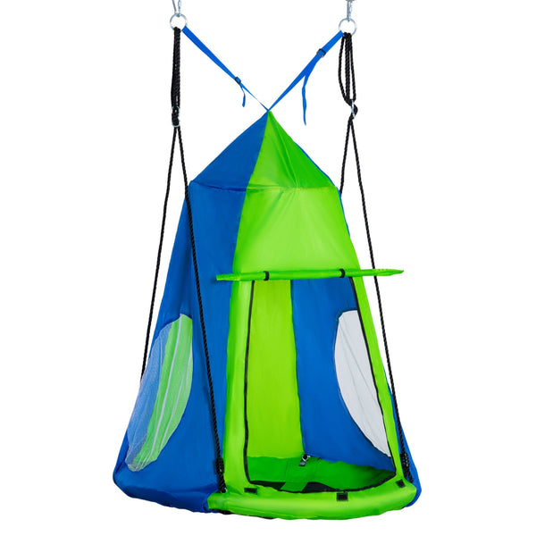 Outsunny Baloiço com Tenda Infantil Baloiço Ninho com Porta Enrolável e 2 Janelas de Malha para Crianças e Adultos Carga Máxima 200kg Interior e Exterior Ø100x180 cm Verde e Azul