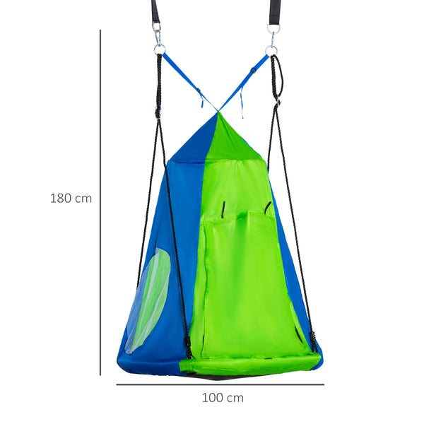 Outsunny Baloiço com Tenda Infantil Baloiço Ninho com Porta Enrolável e 2 Janelas de Malha para Crianças e Adultos Carga Máxima 200kg Interior e Exterior Ø100x180 cm Verde e Azul