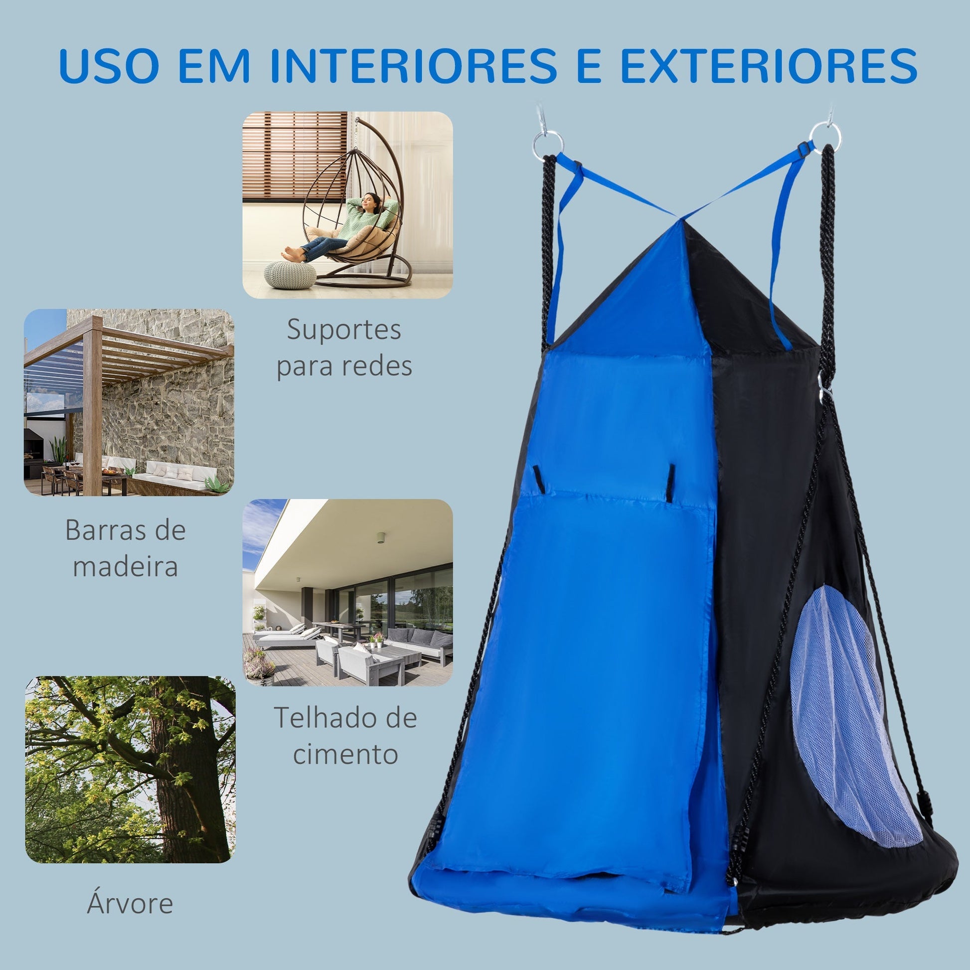 Outsunny Baloiço com Tenda Infantil Baloiço Ninho com Porta Enrolável e 2 Janelas de Malha para Crianças e Adultos Carga Máxima 200kg Interior e Exterior Ø100x180 cm Preto e Azul - A minha loja