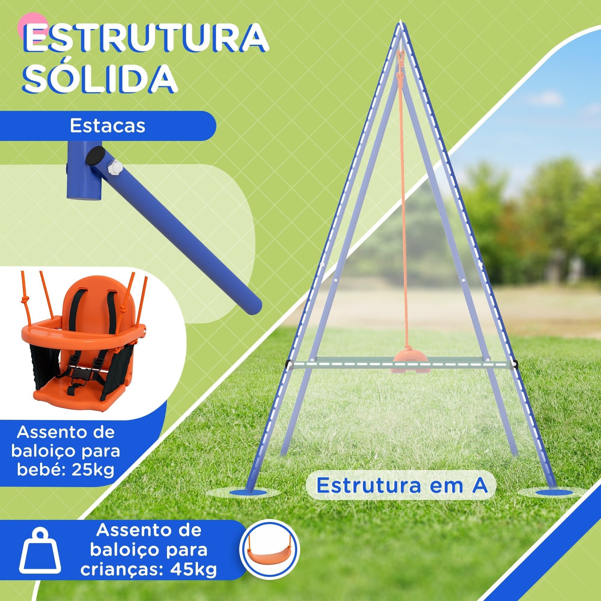 Outsunny Baloiço Infantil 2 em 1 Baloiço para Crianças e Bebés com 1 Assento para Crianças 1 Assento para Bebés e Cinto de Segurança para Exterior e Interior 180x160x182 cm Laranja - A minha loja