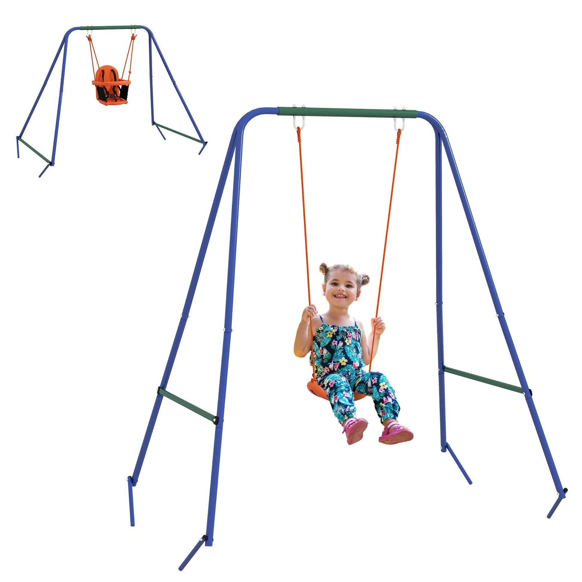 Outsunny Baloiço Infantil 2 em 1 Baloiço para Crianças e Bebés com 1 Assento para Crianças 1 Assento para Bebés e Cinto de Segurança para Exterior e Interior 180x160x182 cm Laranja - A minha loja