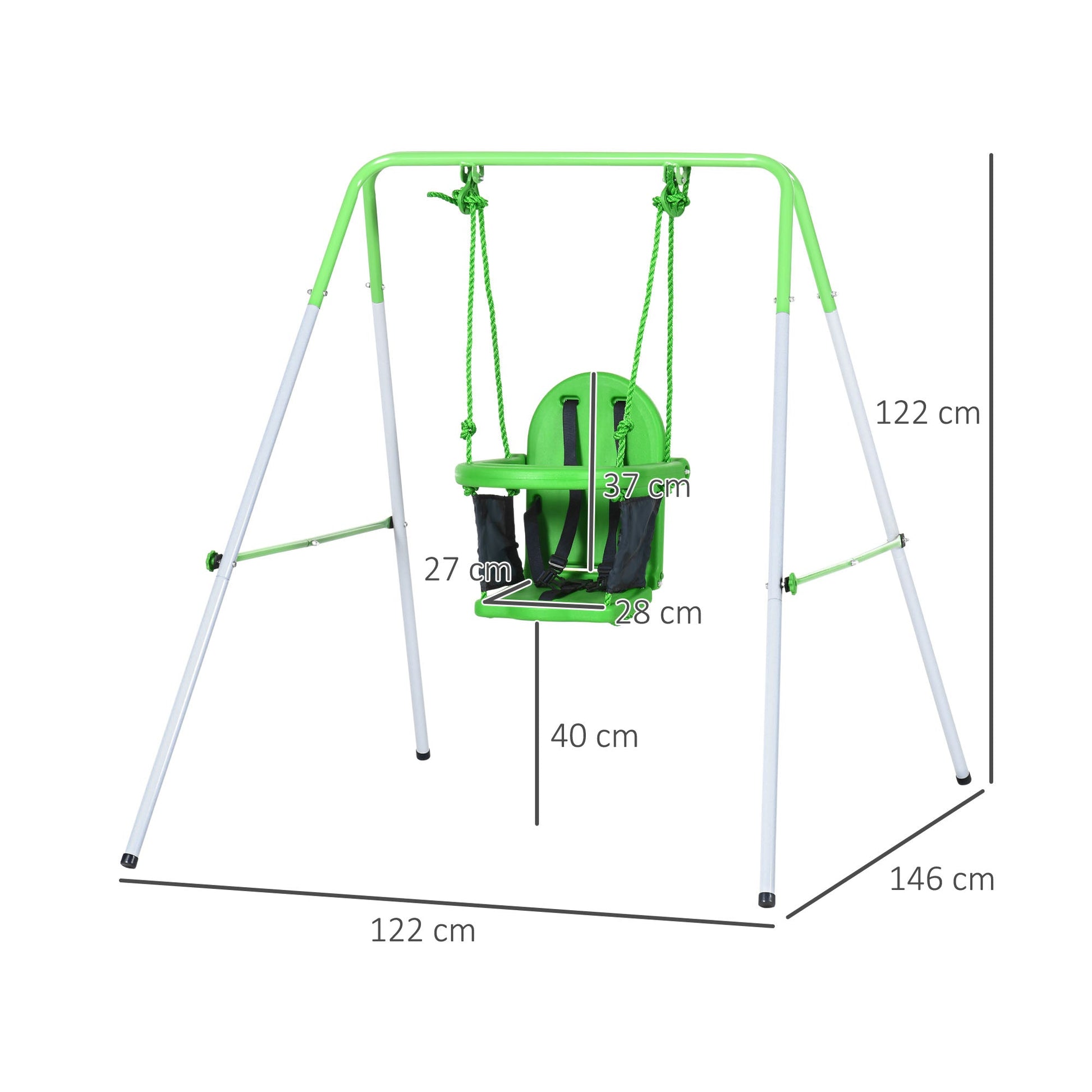 Outsunny Baloiço Infantil de Aço Baloiço para Crianças de 6 - 36 Meses com Encosto Alto e Arnês de Segurança para Interior e Exterior Carga Máxima 25 kg 122x146x122 cm Verde - A minha loja