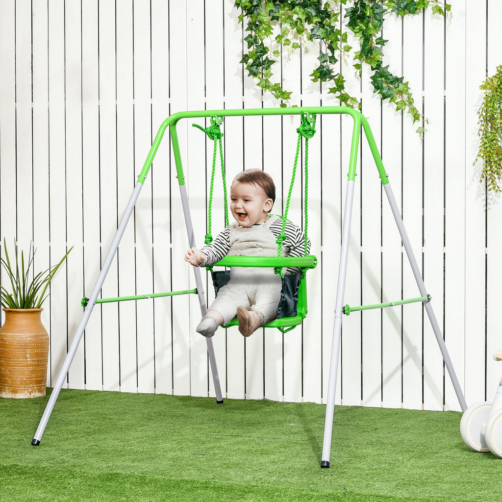 Outsunny Baloiço Infantil de Aço Baloiço para Crianças de 6 - 36 Meses com Encosto Alto e Arnês de Segurança para Interior e Exterior Carga Máxima 25 kg 122x146x122 cm Verde - A minha loja