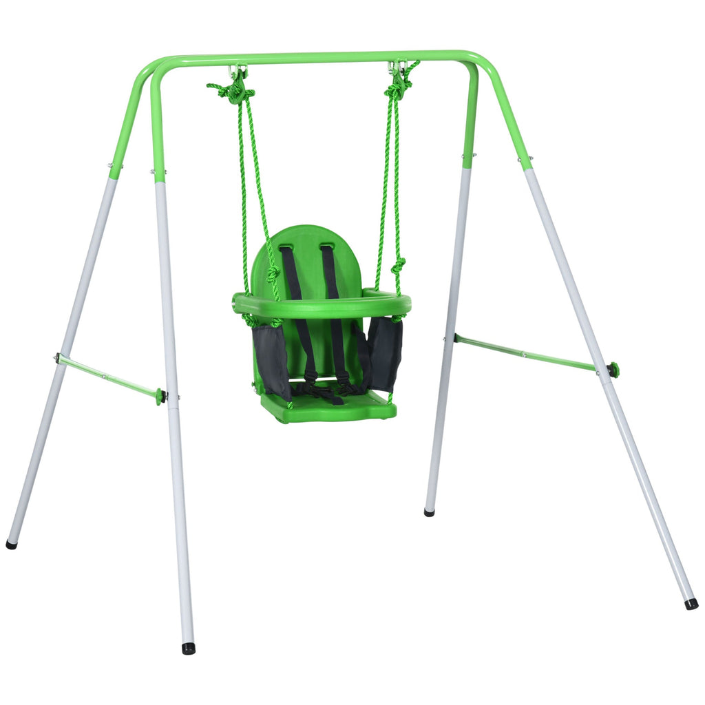 Outsunny Baloiço Infantil de Aço Baloiço para Crianças de 6 - 36 Meses com Encosto Alto e Arnês de Segurança para Interior e Exterior Carga Máxima 25 kg 122x146x122 cm Verde - A minha loja