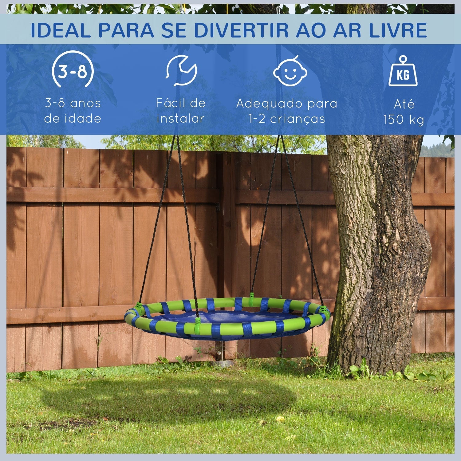 Outsunny Baloiço Infantil Ninho com Altura Ajustável Baloiço Redondo para Crianças de 3 - 8 Anos Carga Máxima 150 kg para Exterior Ø100x120 - 180 cm Azul - A minha loja