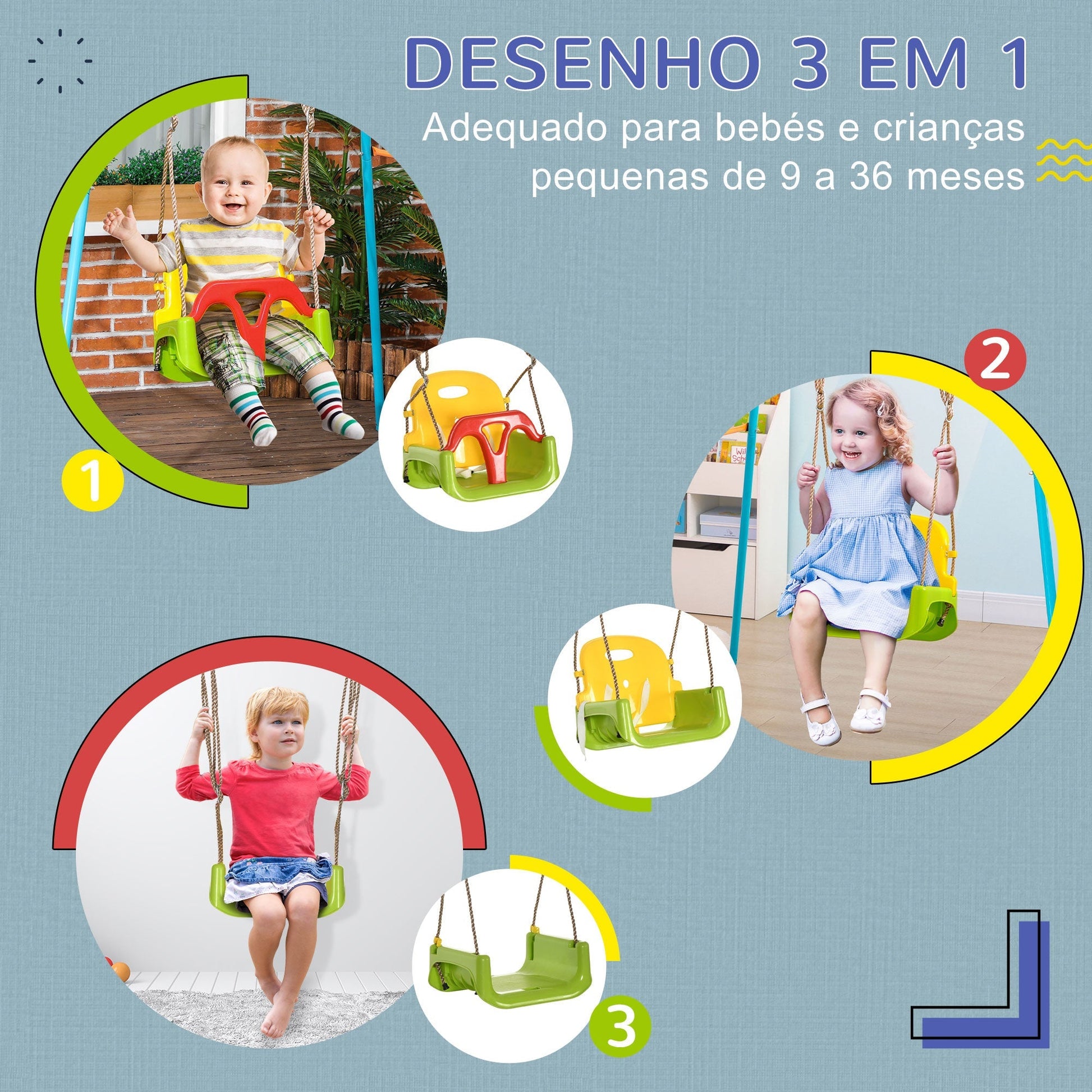 Outsunny Baloiço para Bebé 3 em 1 com Encosto Desmontável Cordas Ajustáveis e Barra em T Baloiço Infantil para Crianças de 9 - 36 Meses para Interior e Exterior 42x33x120 - 180 cm Multicor - A minha loja