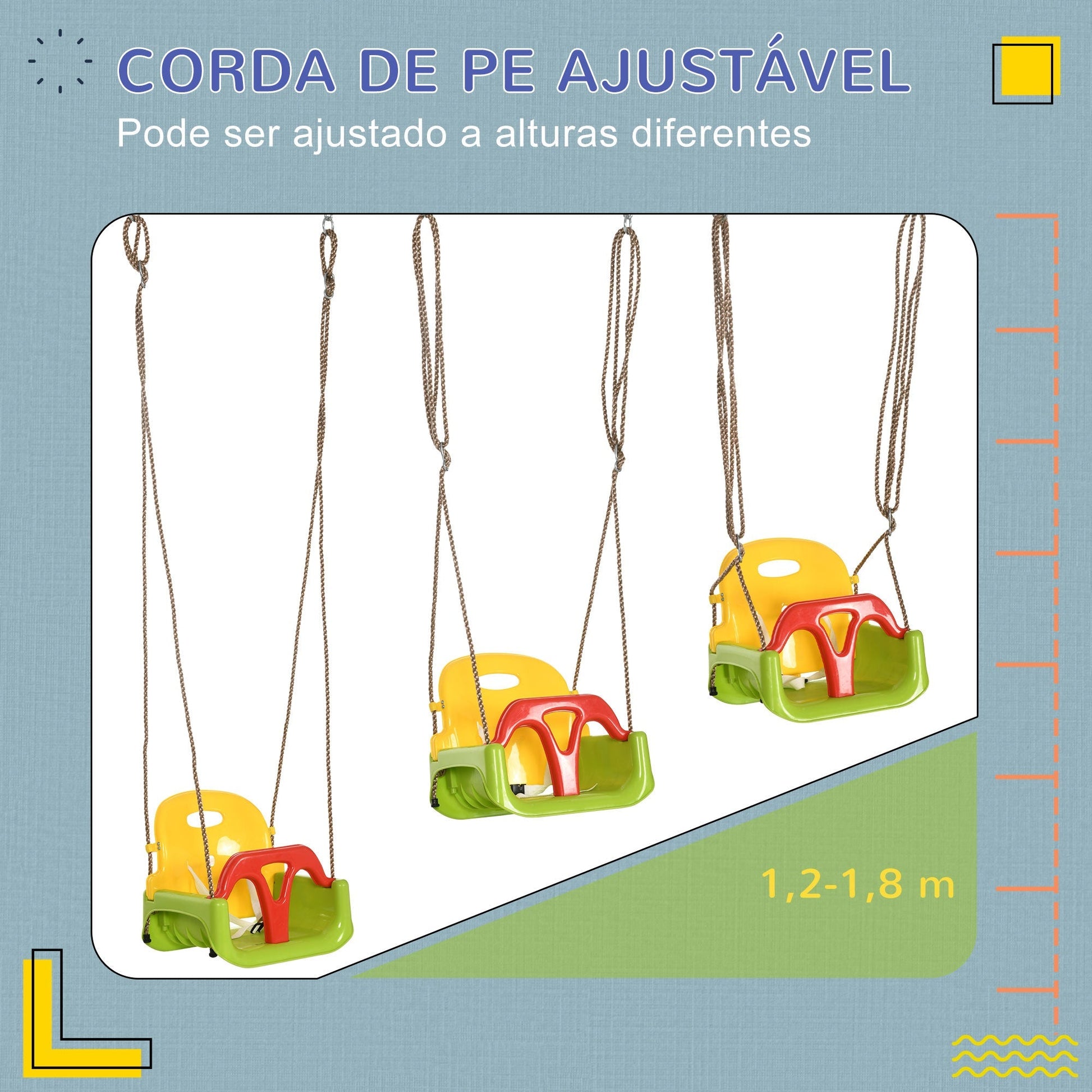 Outsunny Baloiço para Bebé 3 em 1 com Encosto Desmontável Cordas Ajustáveis e Barra em T Baloiço Infantil para Crianças de 9 - 36 Meses para Interior e Exterior 42x33x120 - 180 cm Multicor - A minha loja
