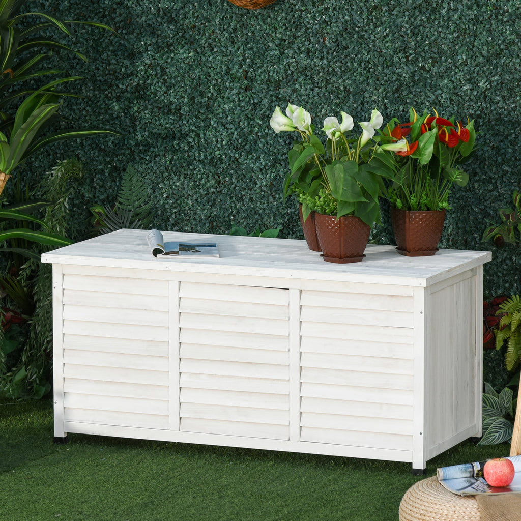 Outsunny Baú de madeira ao ar livre Caixa de armazenamento de jardim com tampa que pode ser aberta 127x56x60 cm Branco - A minha loja