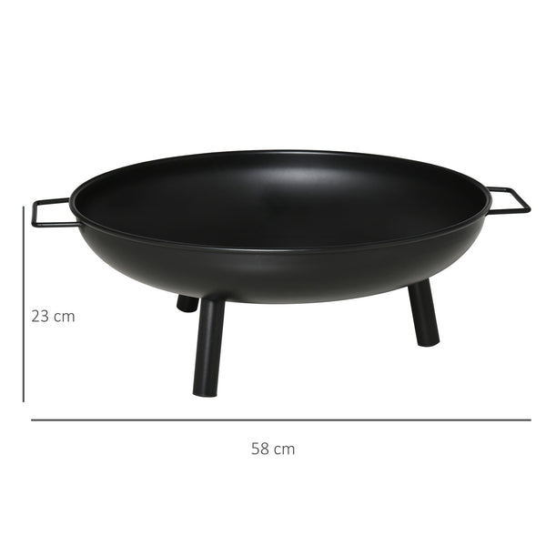 Braseiro Exterior Ø58x23 cm Braseiro Redondo com Alças de Transporte 3 Pés e Estrutura de Metal para Fogueira Lenhas Terraço Jardim ao Ar Livre Preto
