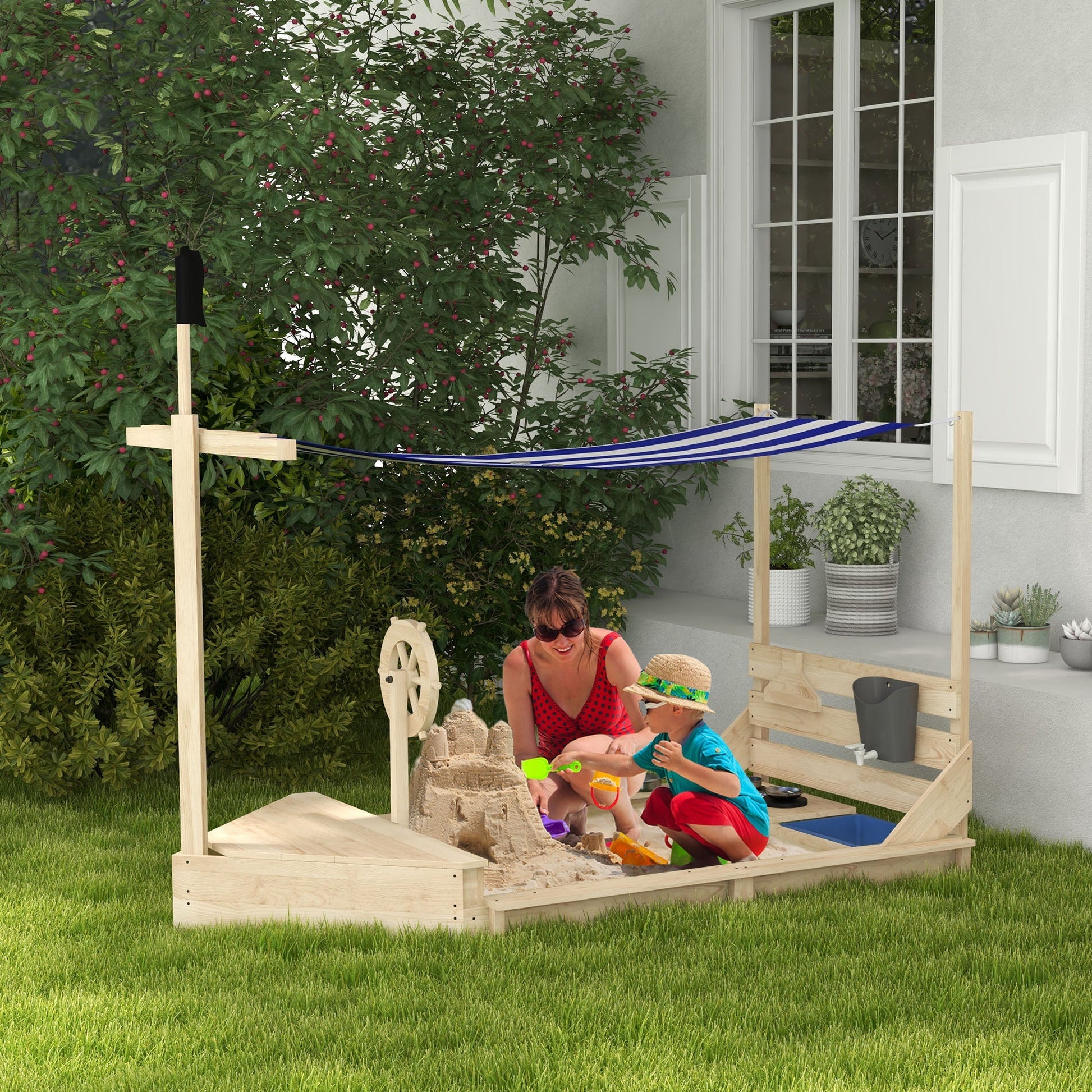 Outsunny Caixa de Areia para Crianças de Madeira Caixa de Areia Infantil com Toldo Volante Brinquedos de Cozinha e Forma de Barco Pirata para Pátio Jardim 180x103x144,5 cm Natural - A minha loja