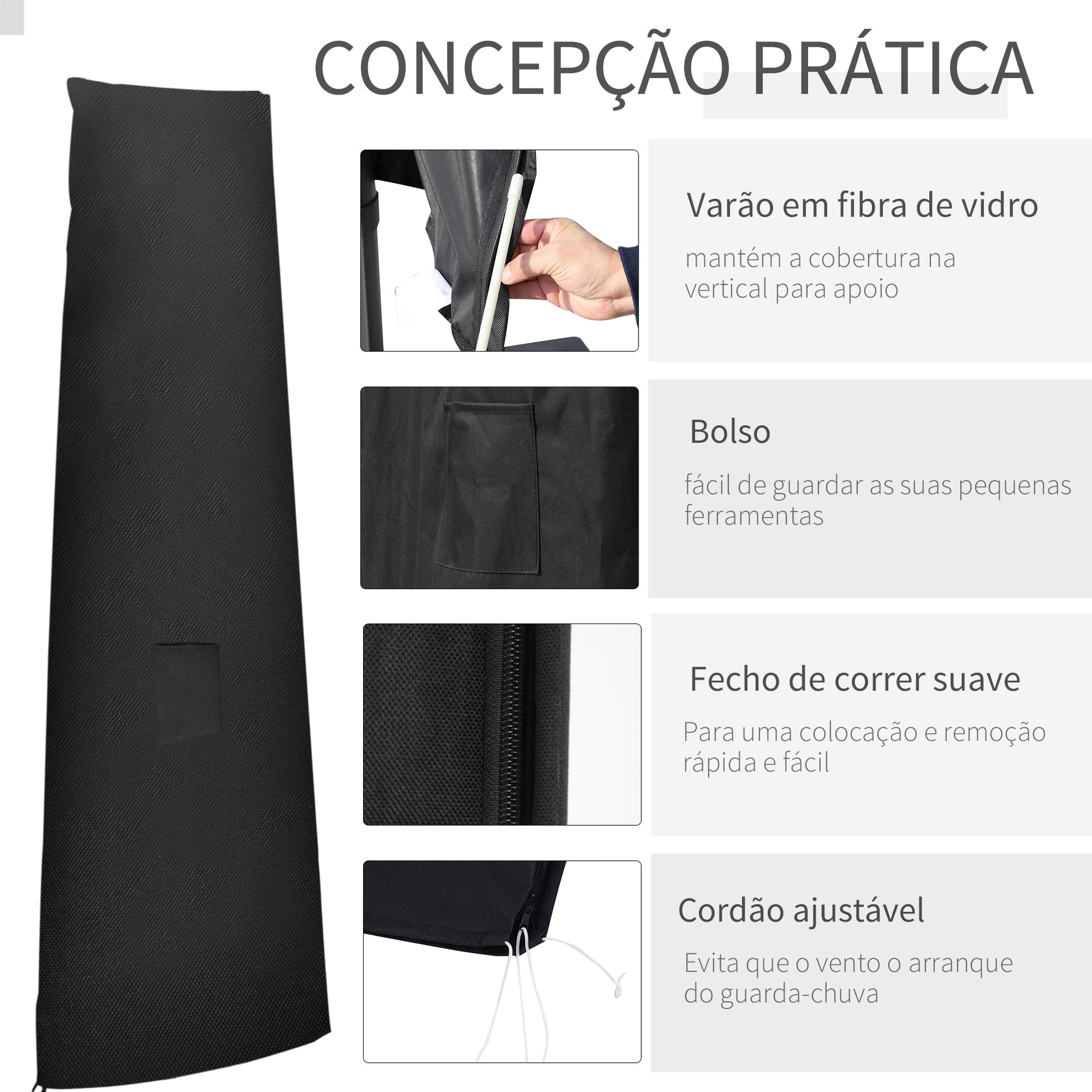 Outsunny Capa para Chapéu de Sol de Jardim Capa Protetora para Chapéu de Sol Impermeável em Tela Oxford 300D com Fecho de Correr e Haste de Suporte Dobrável 48x70x240 cm Preto - A minha loja