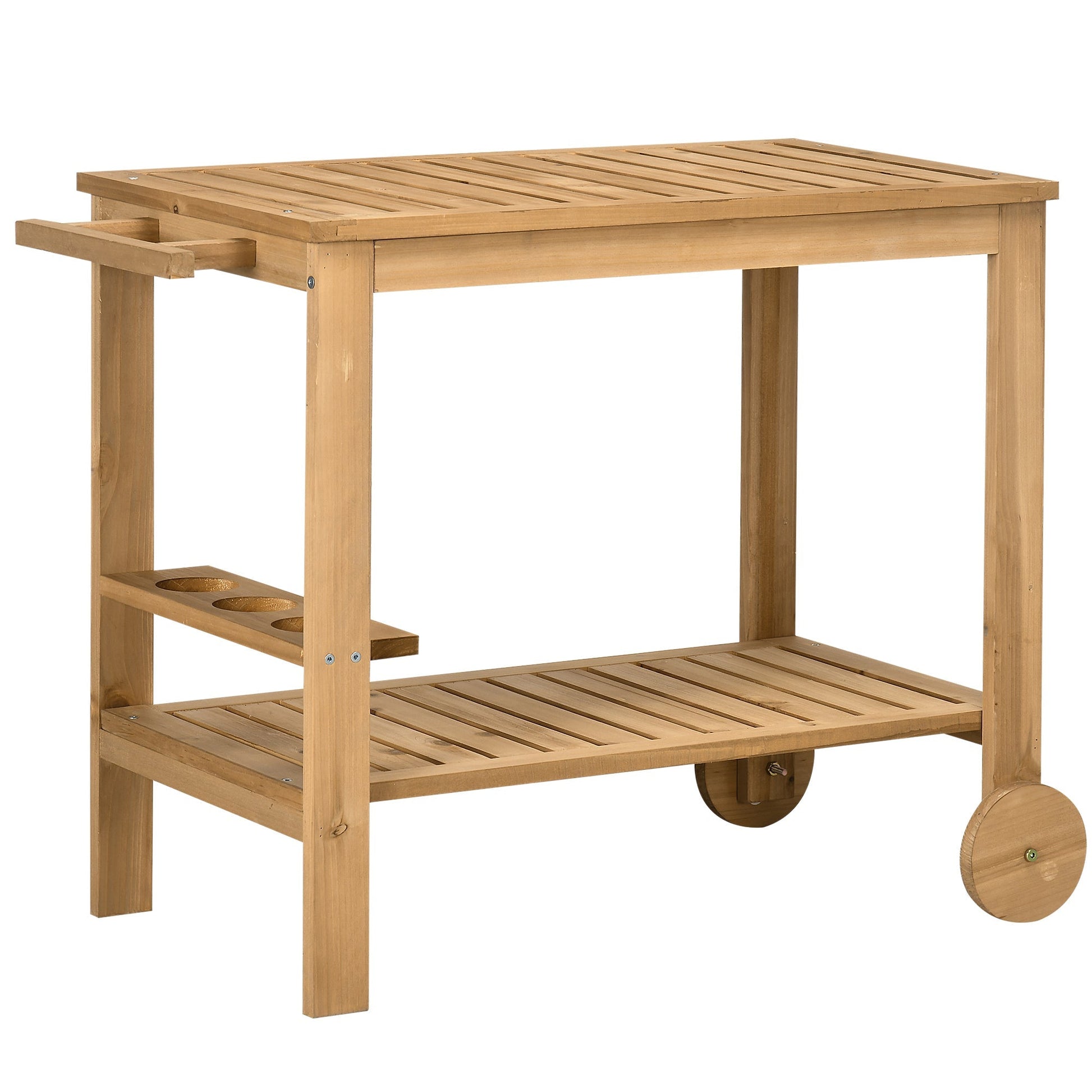 Outsunny Carrinho de Madeira Exterior com 2 Níveis Alça Lateral 3 Suportes para Garrafas e 2 Rodas para Jardim Pátio Varanda 95x47x74 cm Madeira - A minha loja