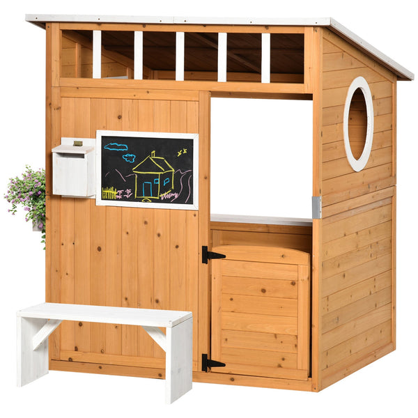 Casa Infantil de Madeira Casa de Brincar para Crianças acima de 3 Anos com Banco Caixa de Correio Lousa Janelas e Portas para Exterior 122x108x135,5cm Natural