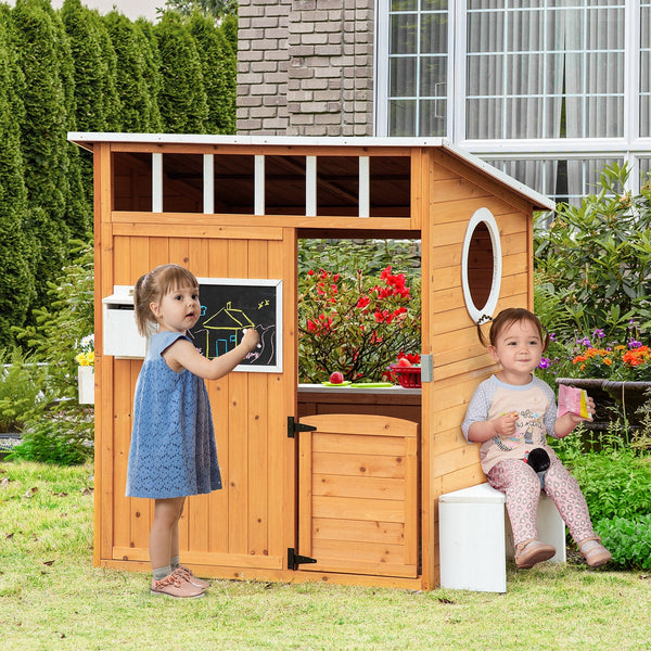 Casa Infantil de Madeira Casa de Brincar para Crianças acima de 3 Anos com Banco Caixa de Correio Lousa Janelas e Portas para Exterior 122x108x135,5cm Natural