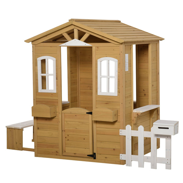 Casa para crianças a cima de 3 anos casa para brincar de madeira com caixa de correio banco 204x107x140 cm para exterior interior cor madeira natural