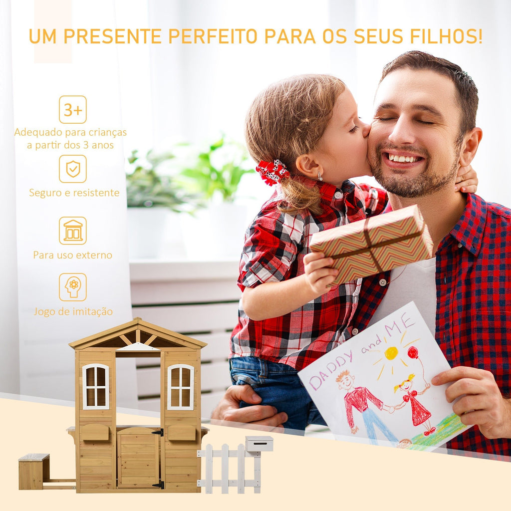 Outsunny Casa para crianças a cima de 3 anos casa para brincar de madeira com caixa de correio banco 204x107x140 cm para exterior interior cor madeira natural - A minha loja