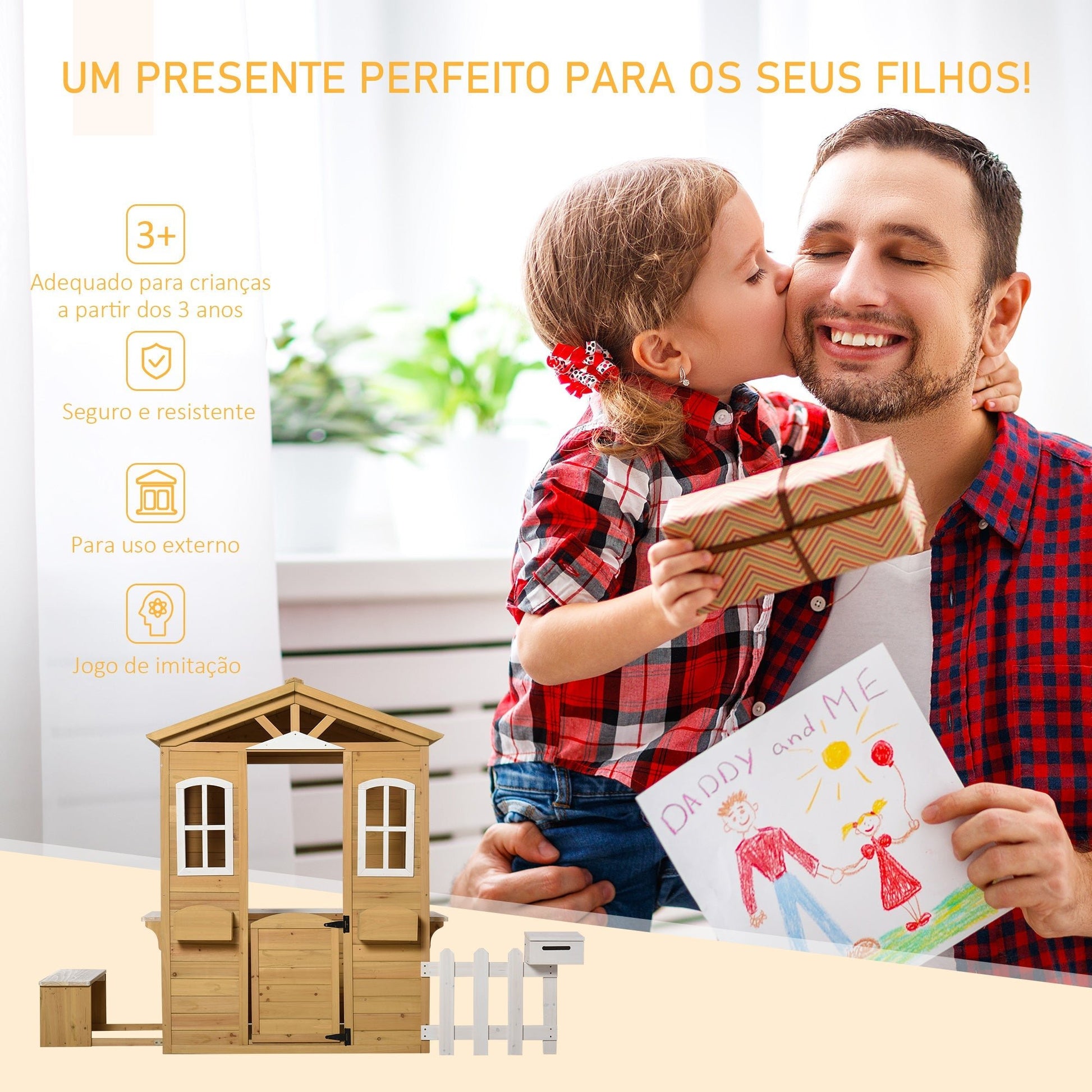 Outsunny Casa para crianças a cima de 3 anos casa para brincar de madeira com caixa de correio banco 204x107x140 cm para exterior interior cor madeira natural - A minha loja