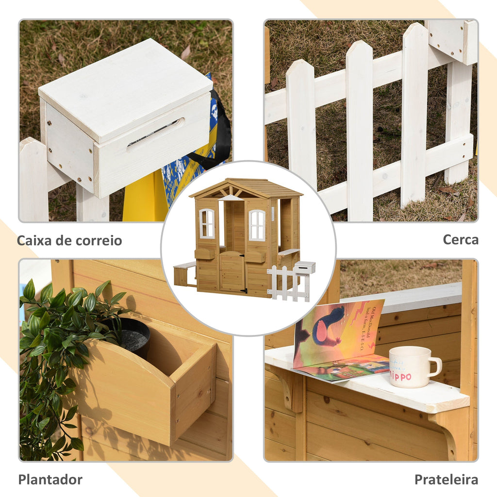 Outsunny Casa para crianças a cima de 3 anos casa para brincar de madeira com caixa de correio banco 204x107x140 cm para exterior interior cor madeira natural - A minha loja