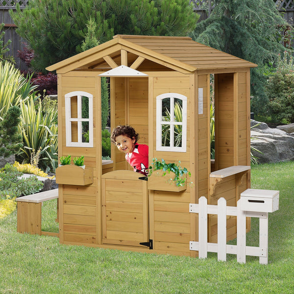 Casa para crianças a cima de 3 anos casa para brincar de madeira com caixa de correio banco 204x107x140 cm para exterior interior cor madeira natural