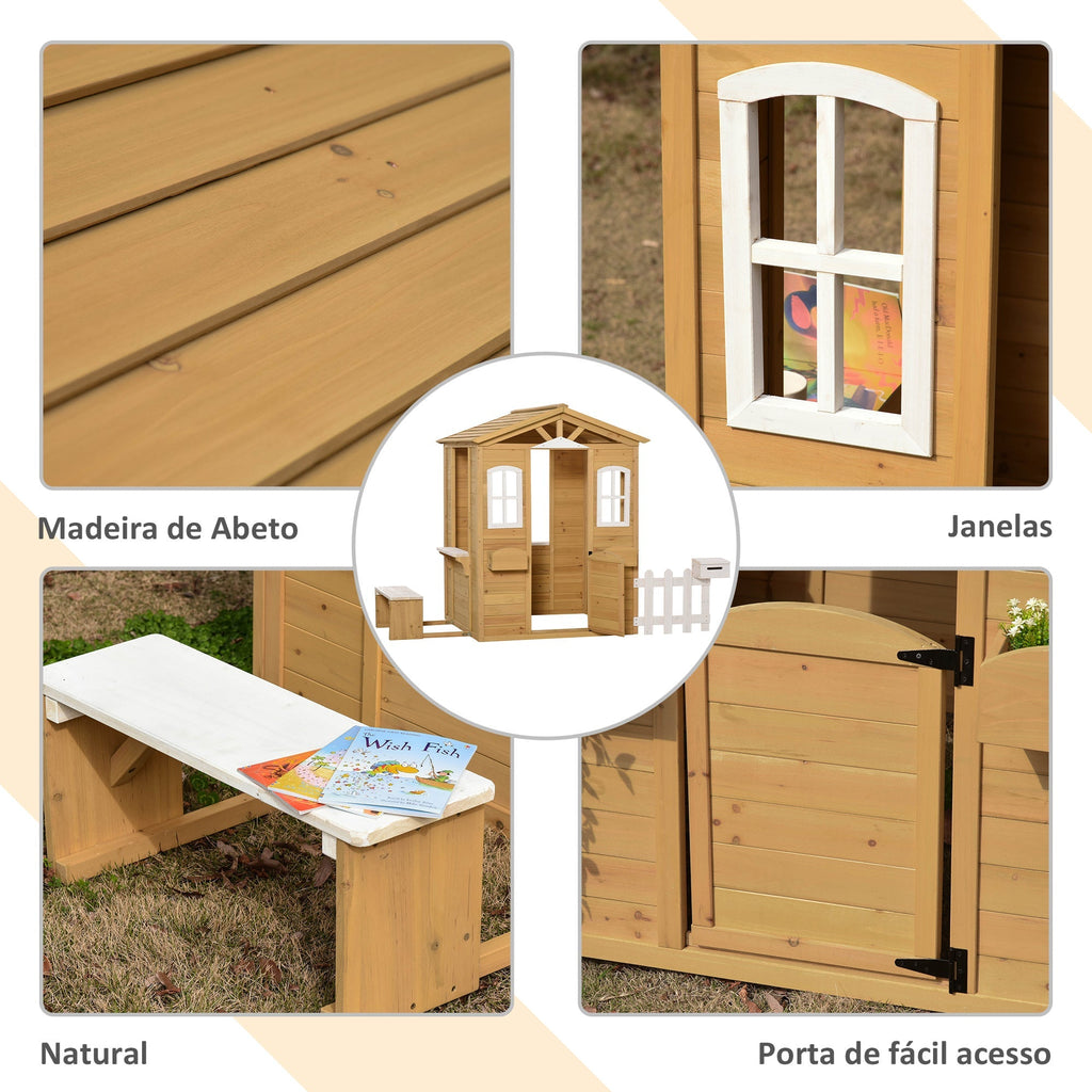 Outsunny Casa para crianças a cima de 3 anos casa para brincar de madeira com caixa de correio banco 204x107x140 cm para exterior interior cor madeira natural - A minha loja