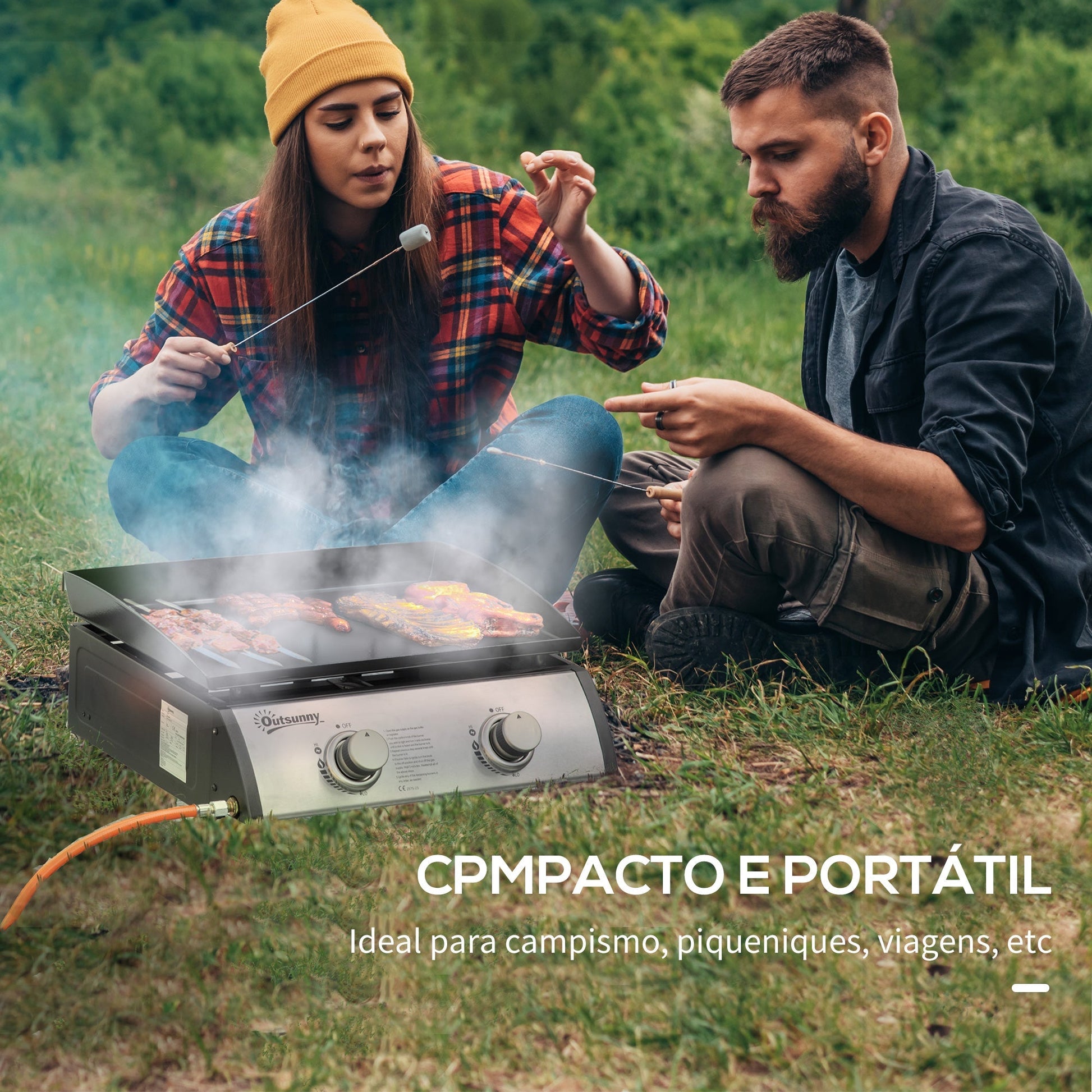 Outsunny Chapa a Gás de Mesa com 2 Queimadores de Aço Inoxidável 6 kW Chapa Portátil para Jardim Piquenique Campismo 48,5x46x21 cm Preto e Prata - A minha loja