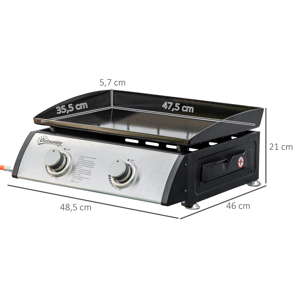 Outsunny Chapa a Gás de Mesa com 2 Queimadores de Aço Inoxidável 6 kW Chapa Portátil para Jardim Piquenique Campismo 48,5x46x21 cm Preto e Prata - A minha loja