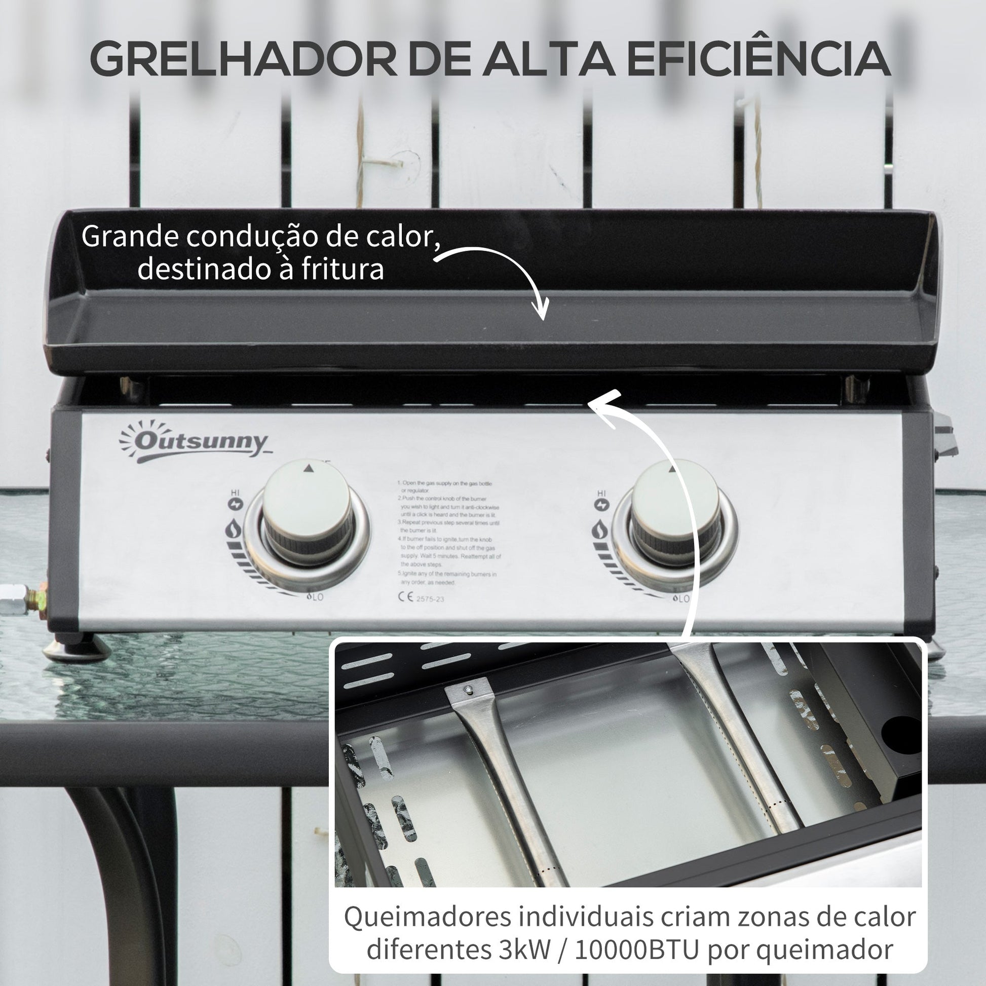 Outsunny Chapa a Gás de Mesa com 2 Queimadores de Aço Inoxidável 6 kW Chapa Portátil para Jardim Piquenique Campismo 48,5x46x21 cm Preto e Prata - A minha loja
