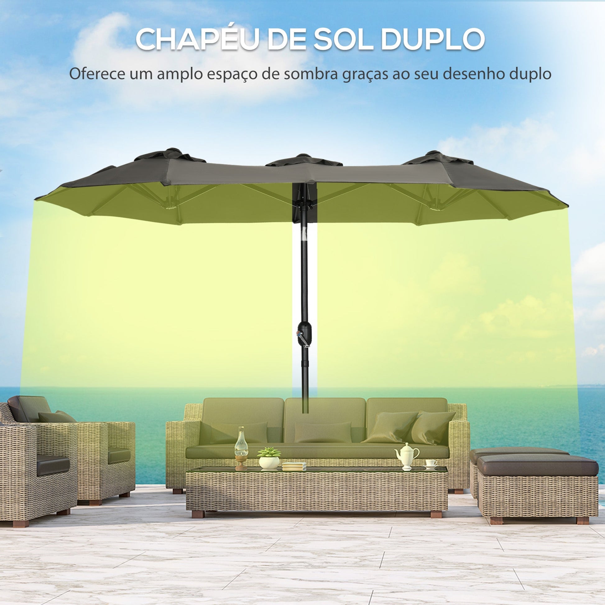 Outsunny Chapéu de Sol Duplo 285x147x227cm Chapéu de Sol de Jardim com Inclinação de 45° Manivela Estrutura de Aço para Pátio Varanda Piscina Cinza - A minha loja