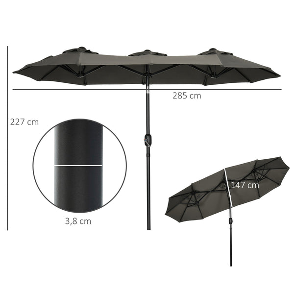 Chapéu de Sol Duplo 285x147x227cm Chapéu de Sol de Jardim com Inclinação de 45° Manivela Estrutura de Aço para Pátio Varanda Piscina Cinza