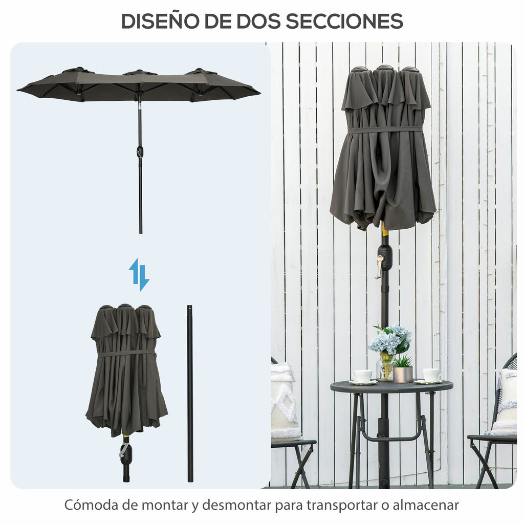 Outsunny Chapéu de Sol Duplo 285x147x227cm Chapéu de Sol de Jardim com Inclinação de 45° Manivela Estrutura de Aço para Pátio Varanda Piscina Cinza - A minha loja