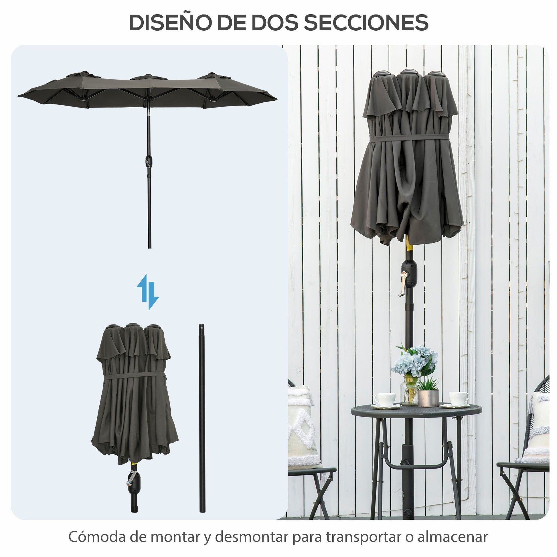Outsunny Chapéu de Sol Duplo 285x147x227cm Chapéu de Sol de Jardim com Inclinação de 45° Manivela Estrutura de Aço para Pátio Varanda Piscina Cinza - A minha loja