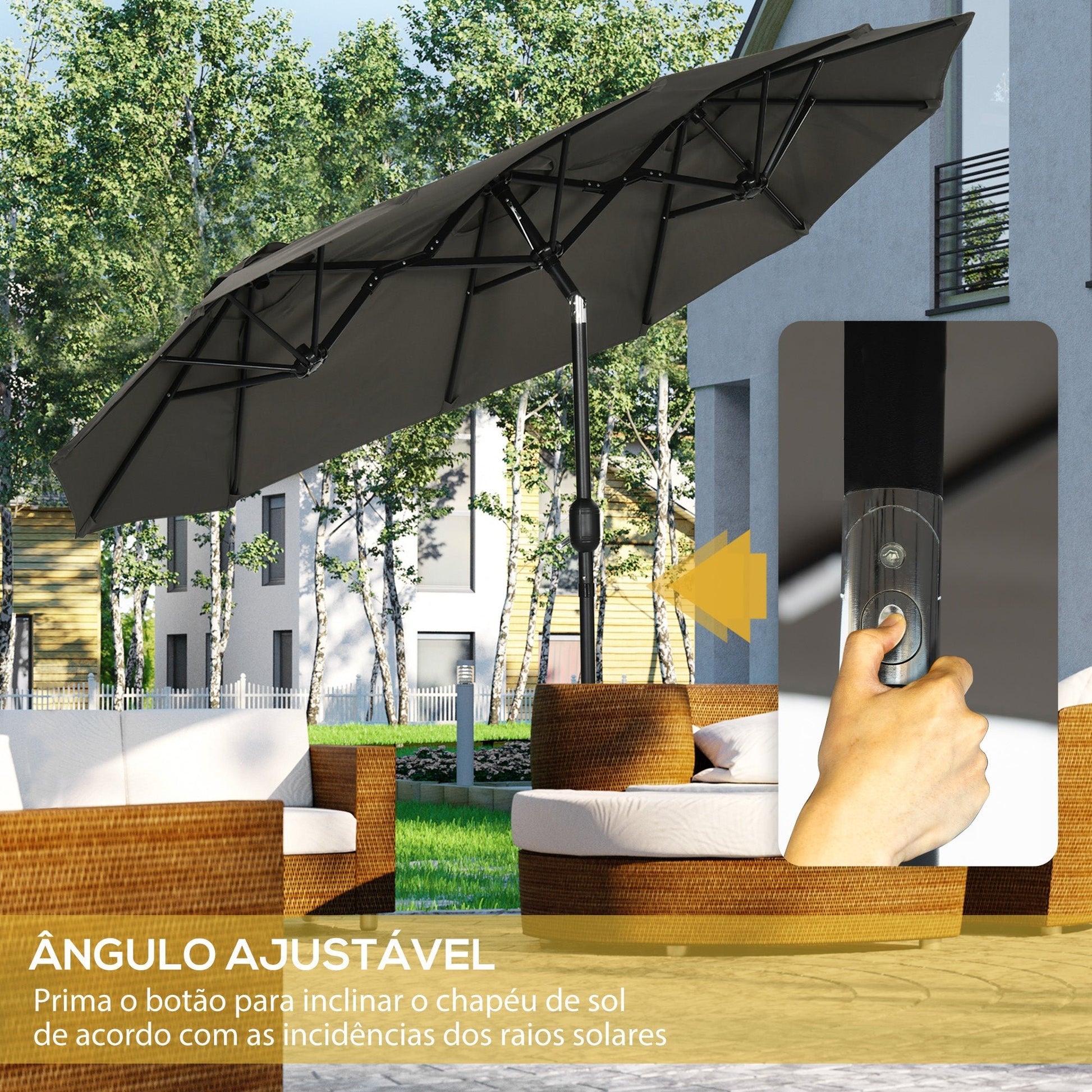 Outsunny Chapéu de Sol Duplo 285x147x227cm Chapéu de Sol de Jardim com Inclinação de 45° Manivela Estrutura de Aço para Pátio Varanda Piscina Cinza - A minha loja