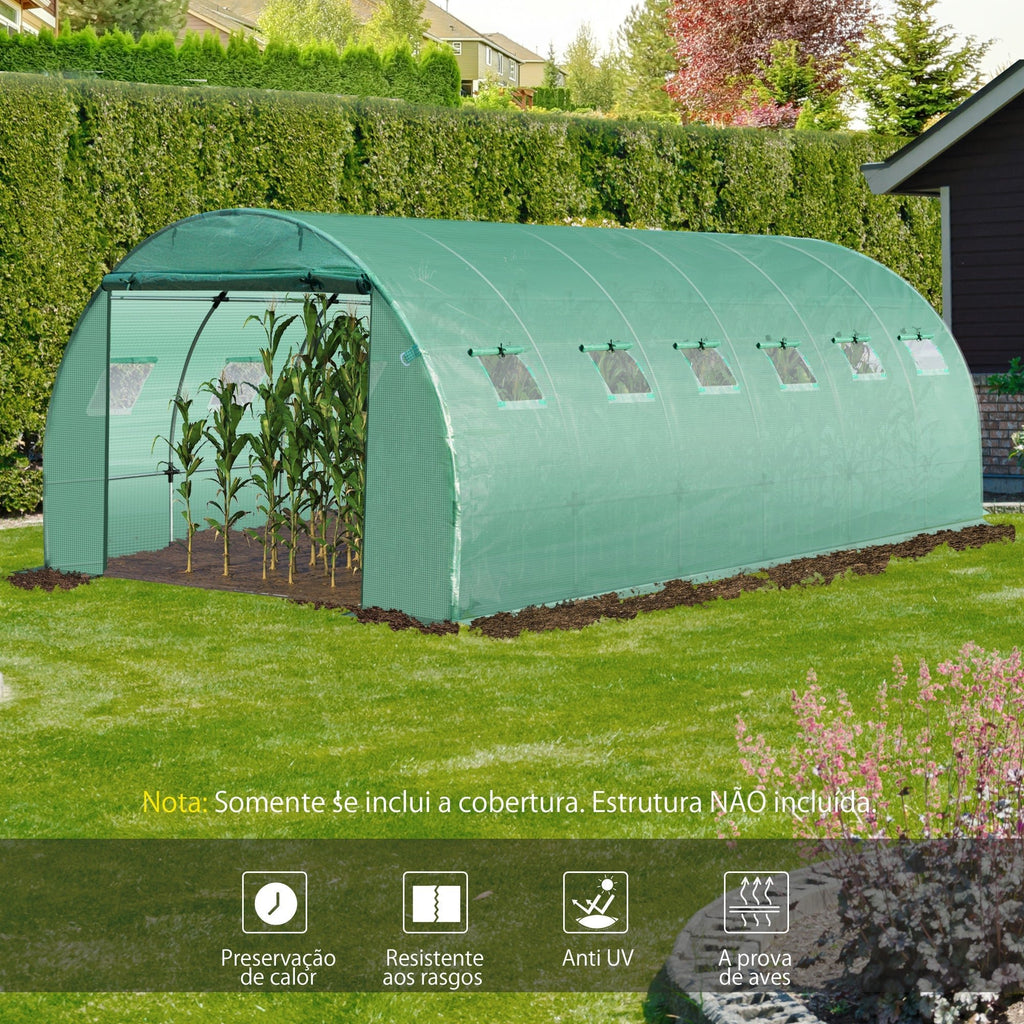 Outsunny Cobertura de Estufa de Túnel 6x3x2m Cobertura de Substituição de Estufa Polietileno com 12 Janelas e Portas Enroláveis Proteção de Plantas para Jardim Verde - A minha loja