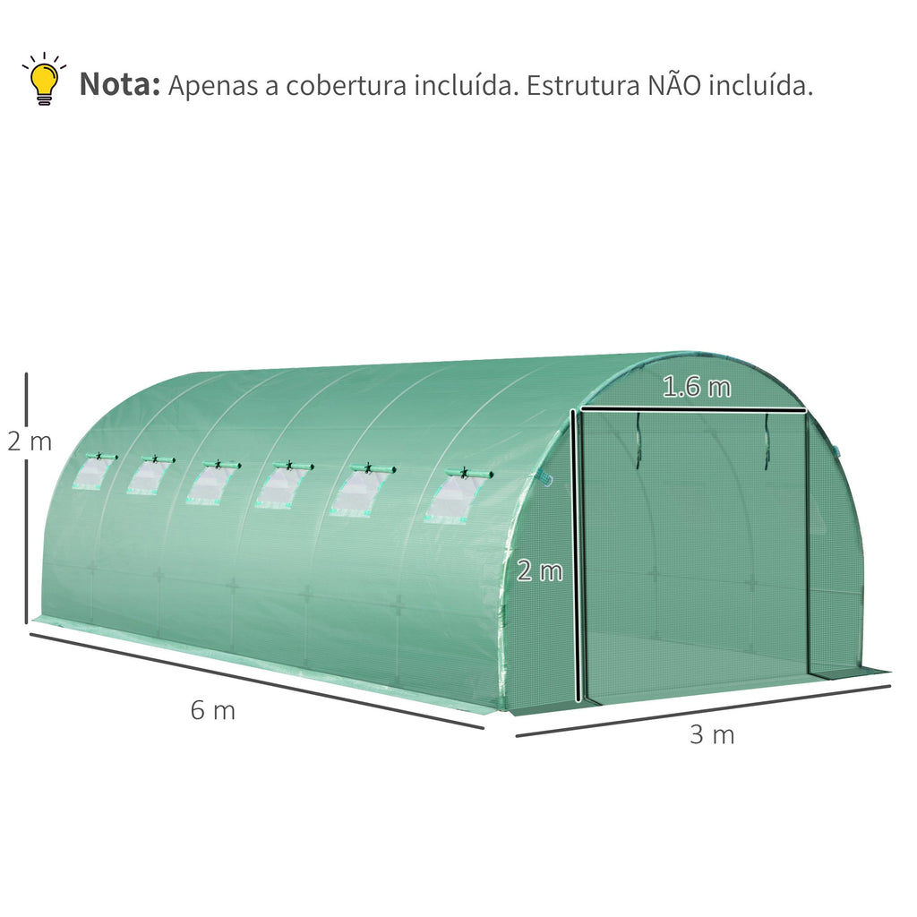 Outsunny Cobertura de Estufa de Túnel 6x3x2m Cobertura de Substituição de Estufa Polietileno com 12 Janelas e Portas Enroláveis Proteção de Plantas para Jardim Verde - A minha loja
