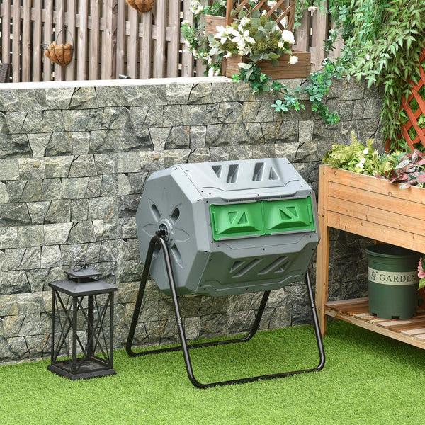 Compostor de Tambor Giratório com Capacidade 160L de Dupla Câmara e Ventilação Estrutura de Aço para Resíduos Orgânicos de Jardim 71x65x96 cm Cinza e Verde
