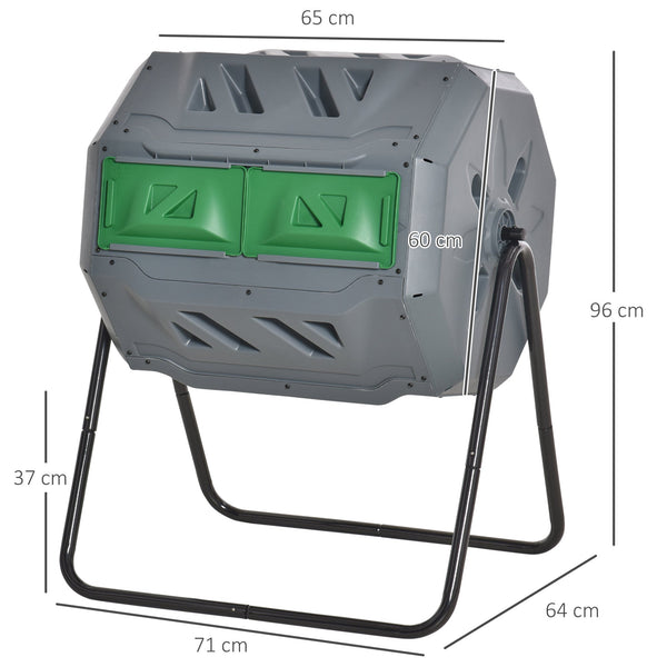 Compostor de Tambor Giratório com Capacidade 160L de Dupla Câmara e Ventilação Estrutura de Aço para Resíduos Orgânicos de Jardim 71x65x96 cm Cinza e Verde