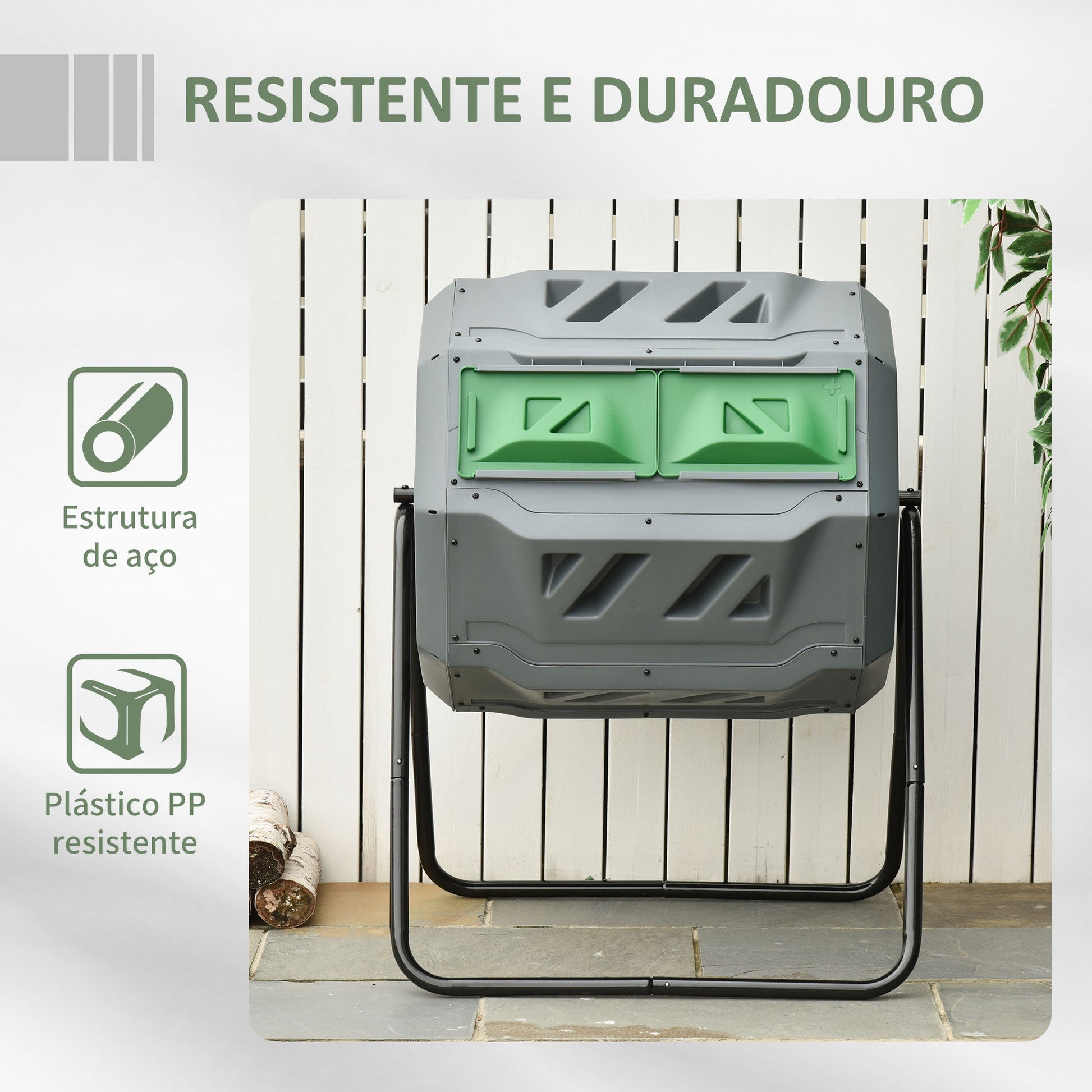 Outsunny Compostor de Tambor Giratório com Capacidade 160L de Dupla Câmara e Ventilação Estrutura de Aço para Resíduos Orgânicos de Jardim 71x65x96 cm Cinza e Verde - A minha loja
