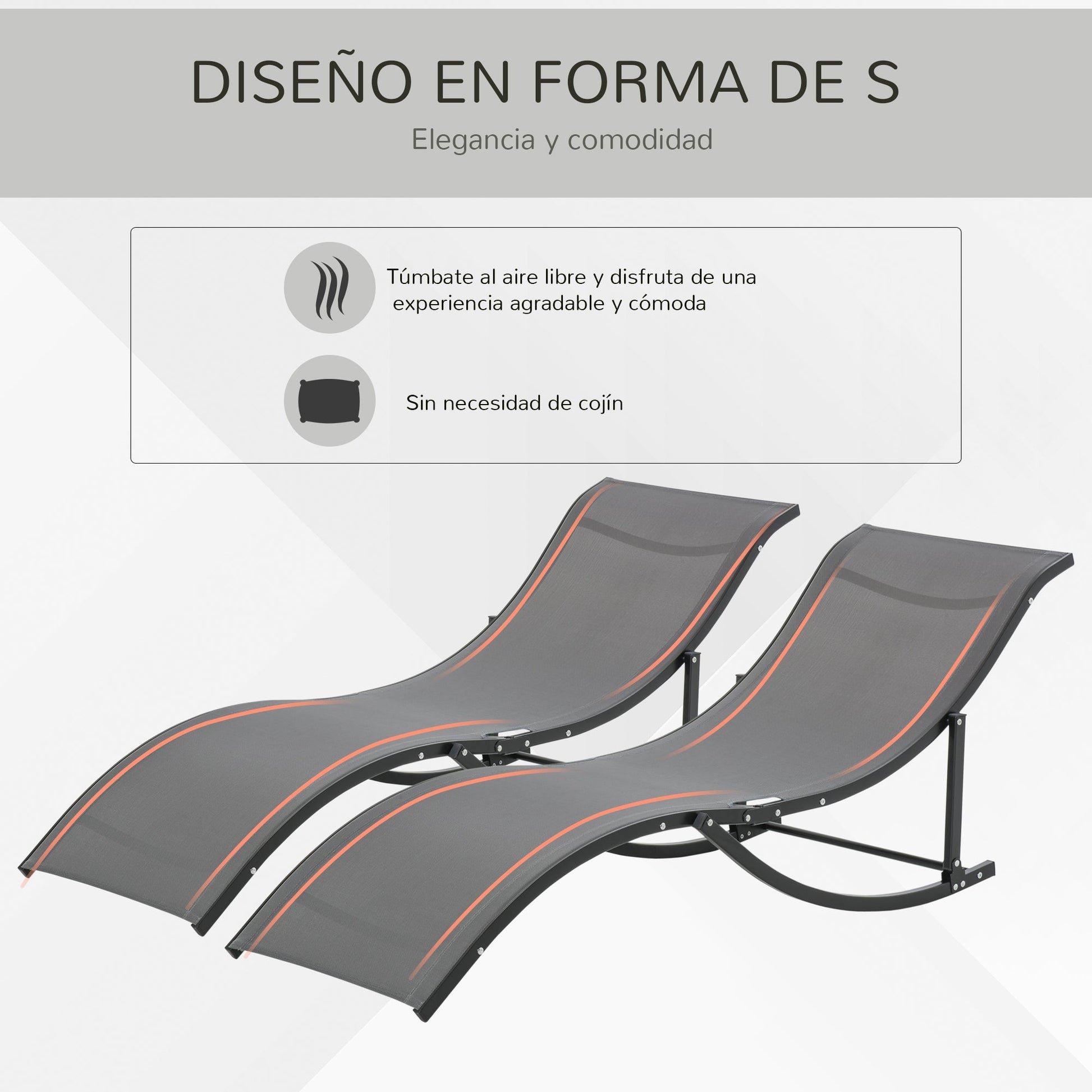 Outsunny Conjunto 2 Espreguiçadeiras Ergonômicas Dobráveis em Forma de S com Estrutura de Alumínio Textilene para Piscina Pátio Jardim e Varanda 165x61x63cm Cinza - A minha loja